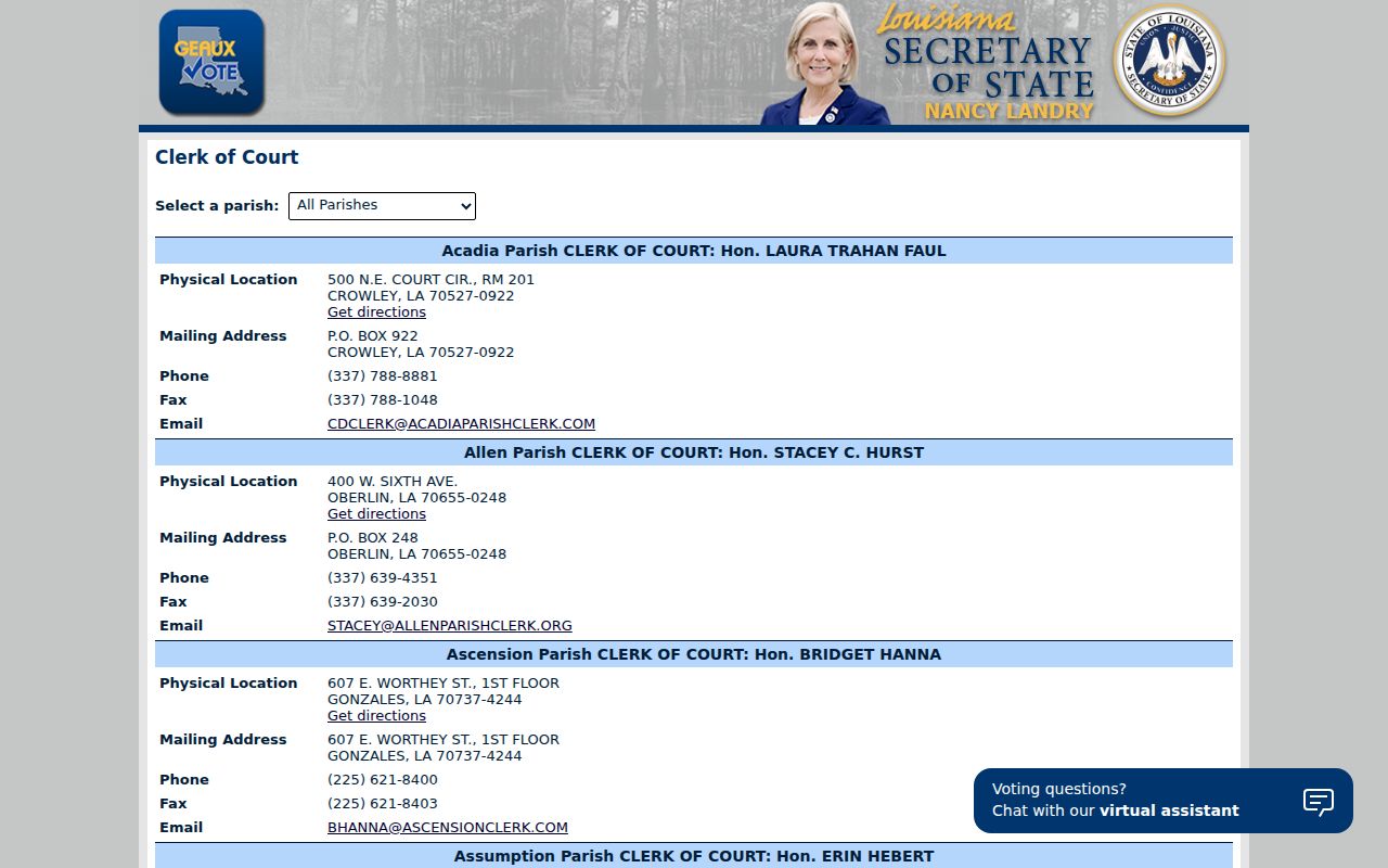 Official Cameron Parish clerk directory for criminal court case records