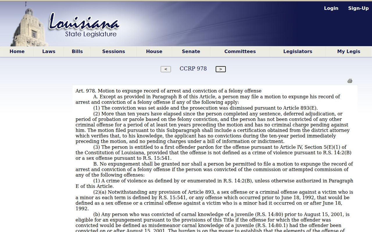 Louisiana felony expungement law affecting Cameron Parish criminal court cases