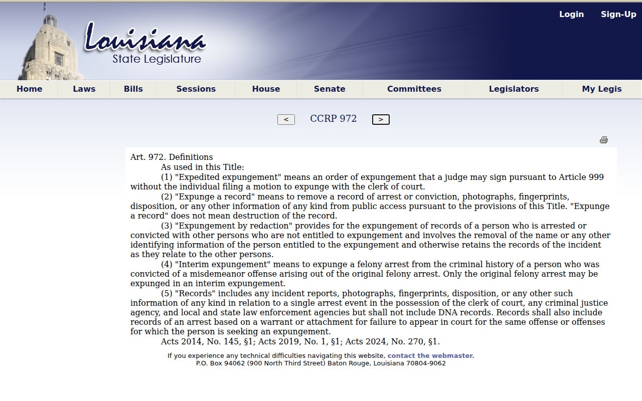 Cameron Parish criminal history Louisiana expungement definitions