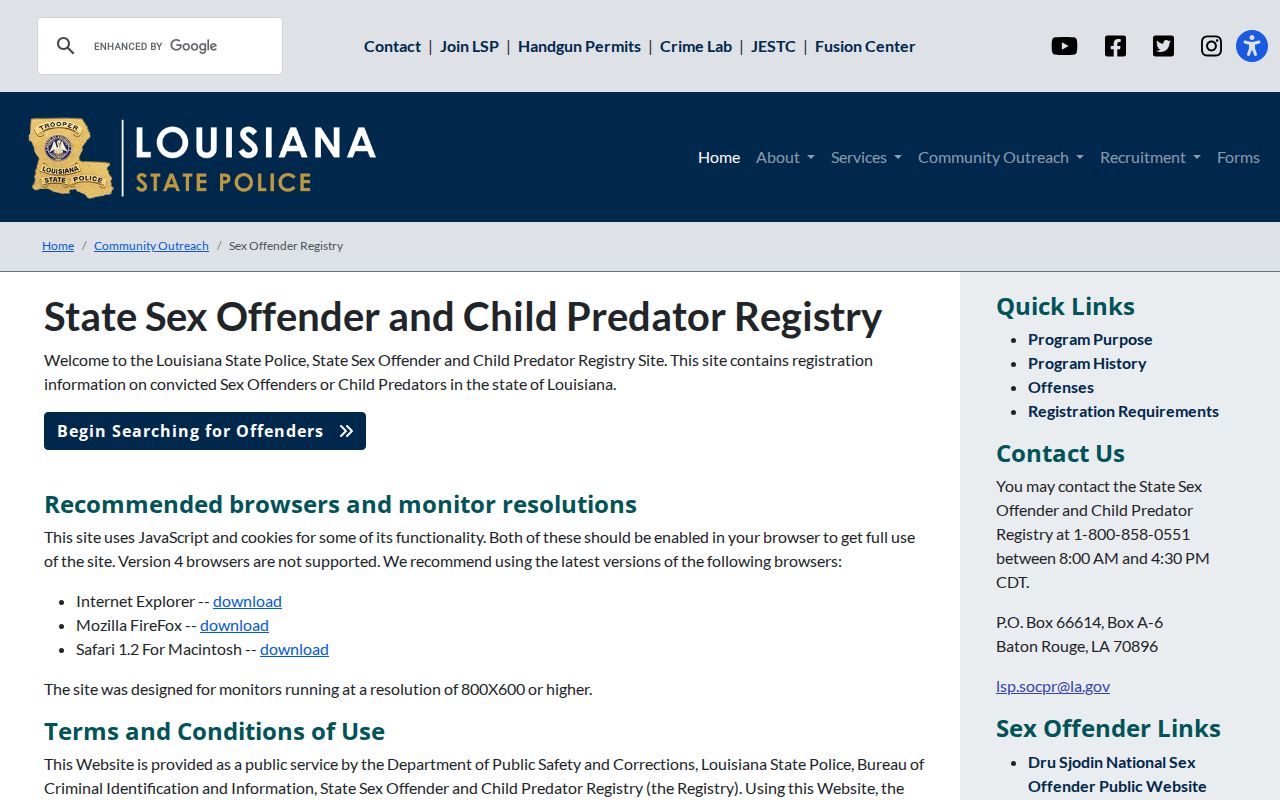 Cameron Parish sex offender search on the Louisiana State Police registry landing page