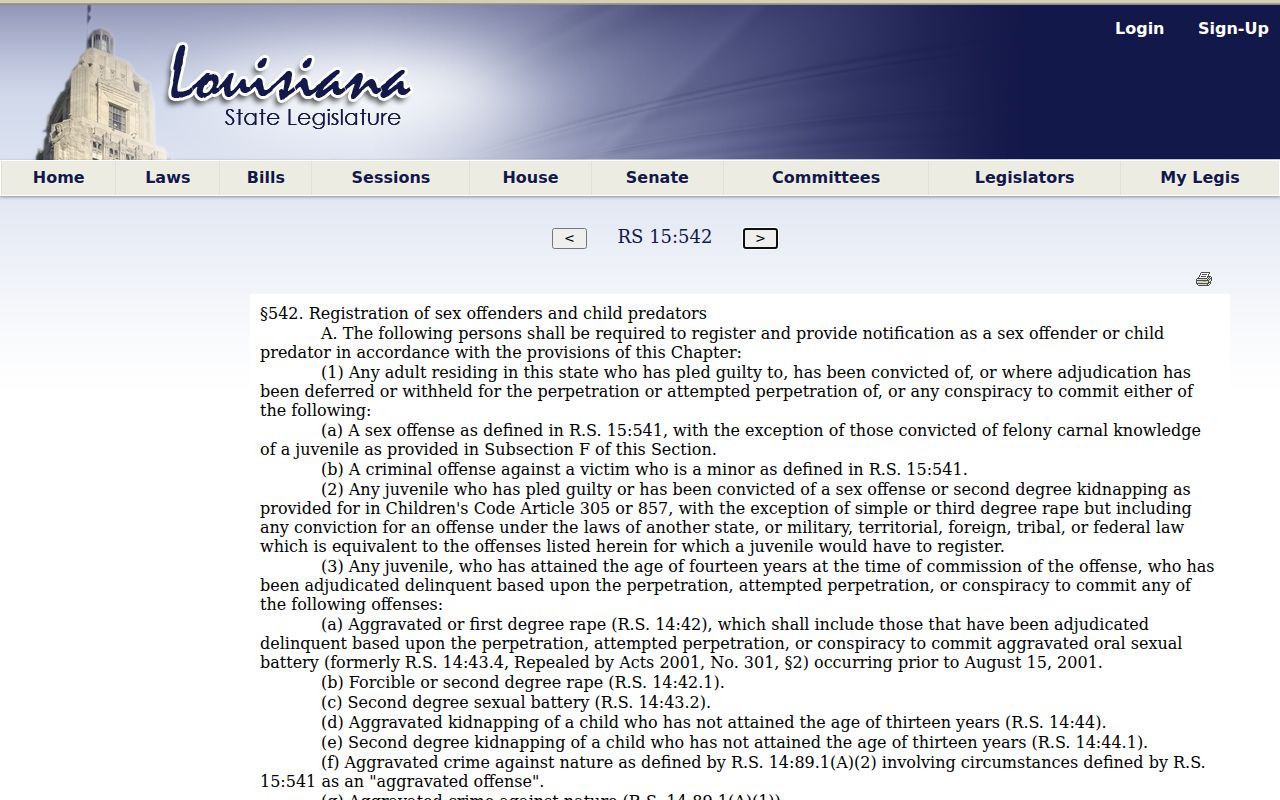 Louisiana registration law supporting Cameron Parish sex offender registry records